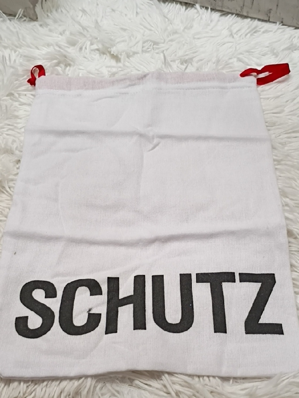 SCHUTZ White Shoe Dust Bag with Black Logo and Red Drawstrings